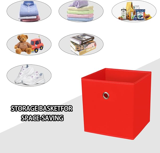 Foldable Storage Cubes Bins ,11 Inch Cloth Storage Cube Fabric Storage Box Cubes Organizer Baskets with Handles for Home Organizer Set of 6 (Red)