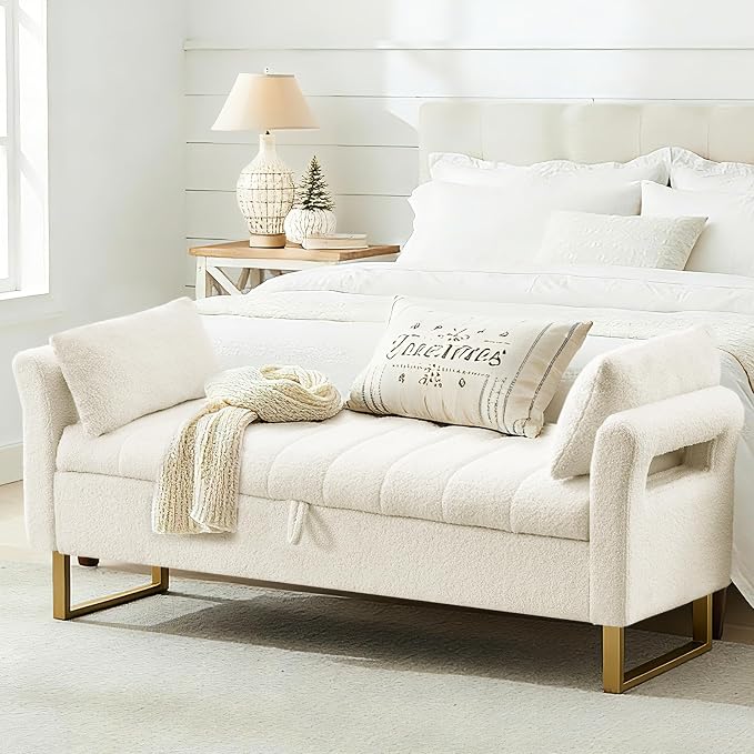 66" King Size Storage Bench for Bedroom End of Bed Benches with Storage | Bedroom Benches for Foot of Bed King with Gold Legs,2 Pillows,Storage Ottoman Bench for Bedroom,Entryway Teddy Ivory White