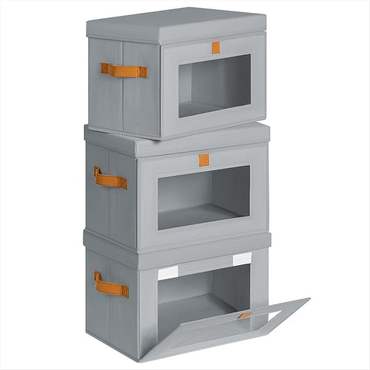 Homsorout Medium Fabric Storage bins - Collapsible Storage Bins with Open Window, 3 Pack Closet Baskets for Shelves, Stackable Decorative Boxes for Home, Dorm, Grey, 13.7"x 9.8" x 9.8"
