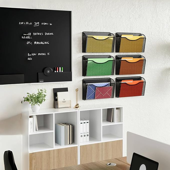 MINDEPOT Magnetic Wall File Organizer, Hanging File Holder, 3 Pack, Black | Heavy Duty Iron, Powerful Magnet, Metal Mesh Wall Mount, Single Pocket, for Office School Classroom Home, Letter A4 Size