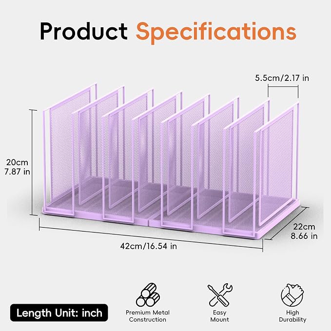 File Organizer For Desk, 7 Section Metal Desktop File Sorter,Purple | Desk file organizer, connectable 7 section design, 2.17 in spacing, vertical folder storage for home office and classroom