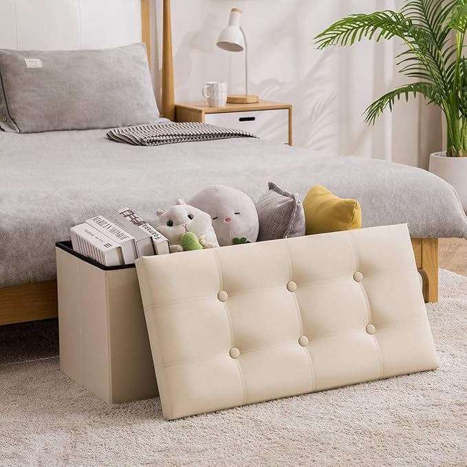 YOUDENOVA 30" Ottoman with Storage, Folding Faux Leather Bench, Beige | Foldable ottoman with hidden storage, padded faux leather seat for living room, bedroom and entryway.
