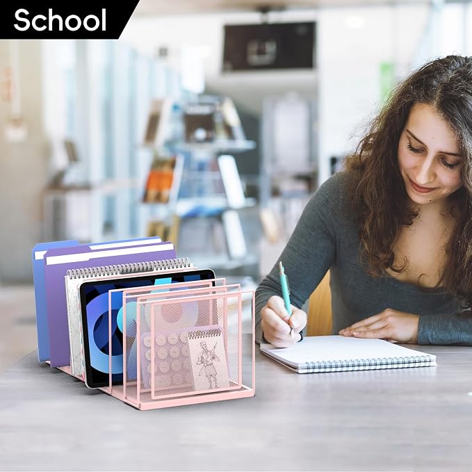 File Organizer for Desk, 7-Section Vertical File Sorter, Paper Holder Organizer Standing Metal File Folder for Office Home Classroom, Pink
