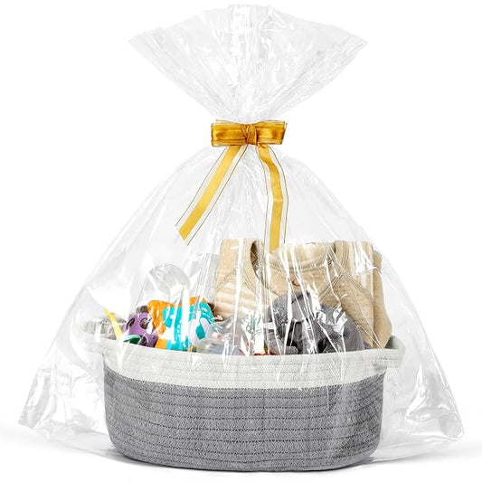 LANDNEOO Small Woven Basket with Gift Bags and Ribbons, Empty Decorative Gift Chest Box, Cute Baby Gift Basket for Nursery, Cotton Rope Room Shelf Storage Basket with Handles, 12"x 8"x 5", Gray