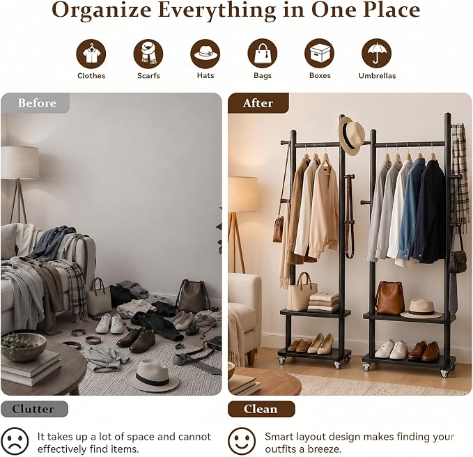 Taitiy Solid Wood Coat Rack Small Freestanding with Wheels 2 Shelves | Small spaces, solid rubberwood construction, 2 shelves and 5 hooks, ideal for bedrooms, entryways, apartments and homes
