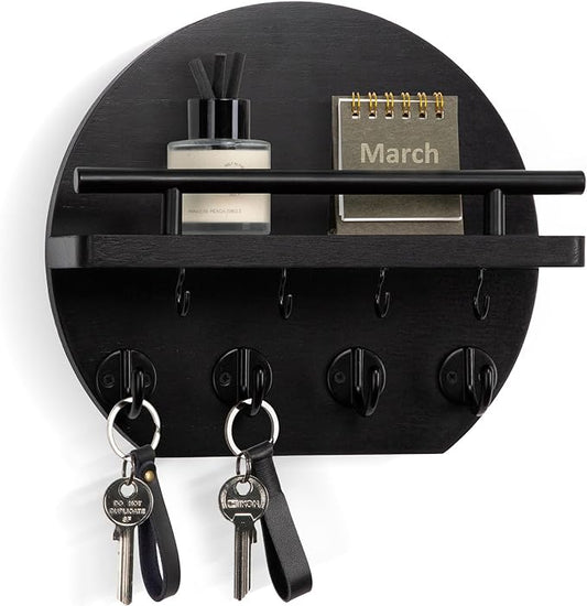 Nekon Key Holder for Wall - 9.8 Inch Apartment Wall Decor with Shelf and 8 Key Hooks, Circular Wood Key Hanger for Home Decor (Black)