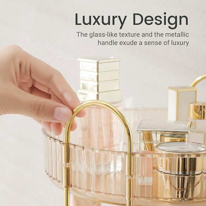 Aveniee Rotating Makeup Organizer for Vanity, Premium Solid Metal Pole Sturdy Construction, Perfume Storage for Bathroom Countertop, Clear Spinning Counter Shelf Cosmetic Holder for Dresser,Gold