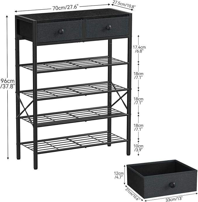5 Tier Shoe Rack with 2 Drawers, 16-20 Pairs Black Grey | Holds 16-20 pairs. 2 drawers for socks/keys. Removable layer for boots. Anti-tip kit included. Quick assembly.