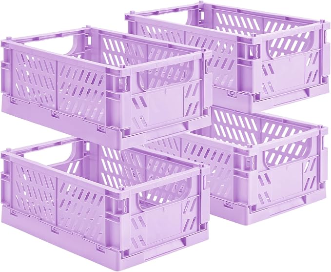 HUUSMOT 4-Pack Collapsible Plastic Storage Baskets, Purple, 9.8"x6.5"x3.8" | Pastel, Space-Saving, Collapsible Plastic Bins, Cute Mini Storage Crates, for Classroom, Kitchen, Office, Bedroom
