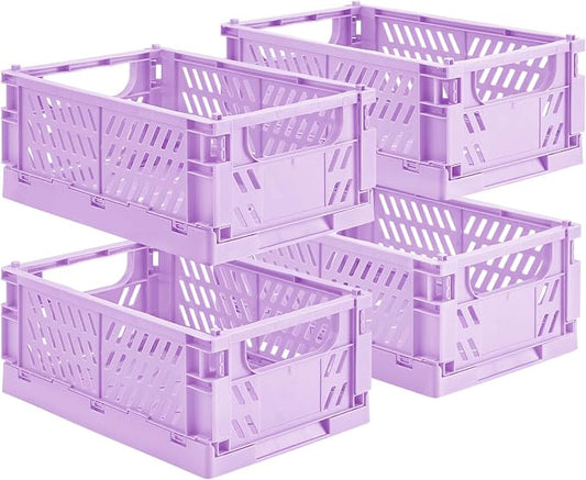 HUUSMOT 4-Pack Collapsible Plastic Storage Baskets, Purple, 9.8"x6.5"x3.8" | Pastel, Space-Saving, Collapsible Plastic Bins, Cute Mini Storage Crates, for Classroom, Kitchen, Office, Bedroom