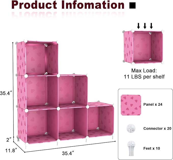 UNKU 6 Cube Storage Organizer, Closet Organizer Storage Shelves,Pink | DIY Stackable Bookcase, Clothes Organizer Shelf for Closet, Bedroom, Living Room, Cabinet, Home, Office