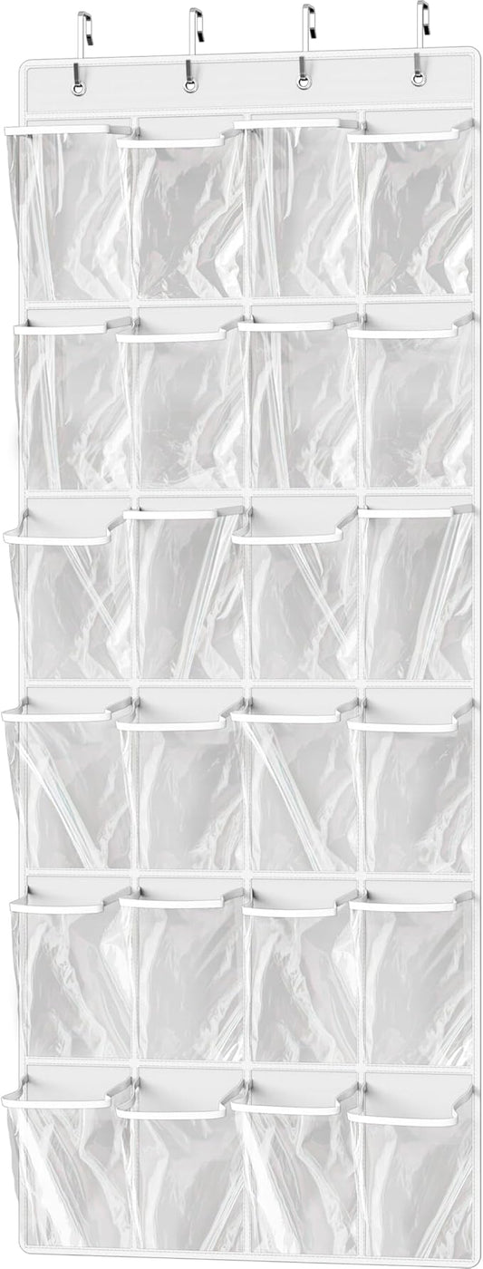 Simple Houseware 24 Pockets Large Clear Over the Door Shoe Organizer, White | 56" x 22.5", 4 Durable Metal Hooks, 5" x 9" Pocket Size, Multipurpose