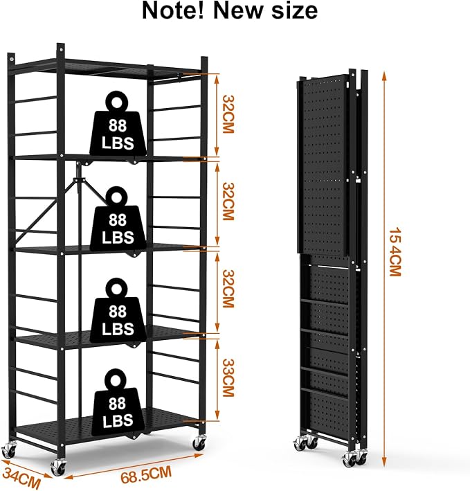 Himix Storage Shelves with 20 Hooks, 5-Tier Collapsible Organization Storage Rack Bookshelf Folding Pantry Shelves Cube Shelf Wire Shelving Holds 440 Ibs for Garage Kitchen Room, Black