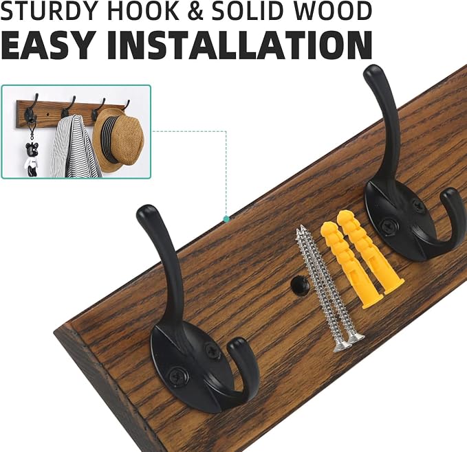 Coat Rack Wall Mounted, Wall Coat Rack with 4 Rustic Coat Hooks, 17” Entryway Ash Wood Coat Hanger Rail Hooks for Hanging Coats Hats, Perfect for Bedroom Bathroom Kitchen
