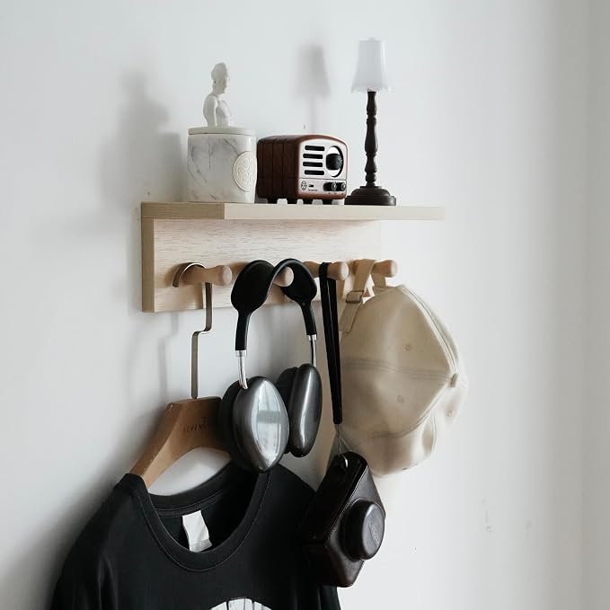 Entrance Coat Rack ，Coat Hooks, Wall-Mounted Wooden Hook Rack, Wall-Mounted Shelves(Birch Color Finish—A-1)