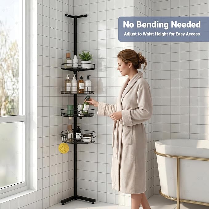 Standing Shower Caddy Corner, 4-Tier Adjustable Height Bathroom Organizer, 6-Section Pole, Sturdy Floor Standing Shelf for Shower – No Drilling, No Spring Tension