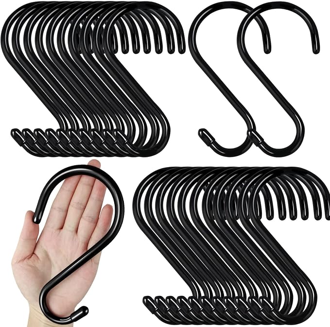 DINGEE 24 Pack Heavy Duty S Hooks, Non Slip Rubber Coated, 7mm Thick Metal Black S Hooks for Hanging Plants, Closet, Bird Feeders, Kitchen, Large Objects, Tools, Bikes
