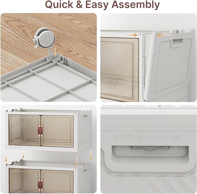 UAMFURI Stackable Storage Bins with Lids, 480QT Lockable Storage Cabinet | Folding Storage Box with Doors and Wheels, Collapsible Plastic Drawers for Home, Garage, Office