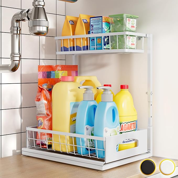 Under Sink Organizer, Cabinet Organizer for Kitchen, Height Adjustable Pull Out Heavy Duty 2 Tier Metal Under Sink Storage for Bathroom Pantry (White, 1 Pack)