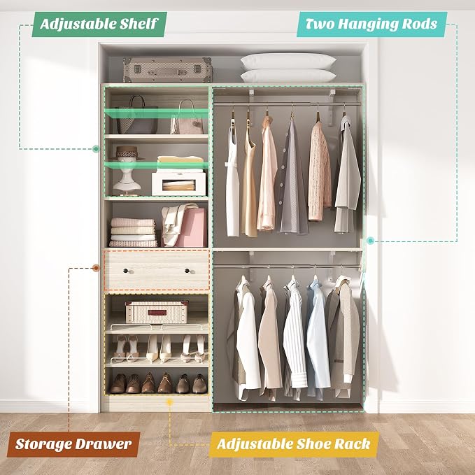 [10 FT Closet System] 120 Inch Reversible Set of 2 Wood Closet Organizer System with 2 Drawers, 4 Hanging Rods Adjustable Shelf, Walk In Closet Organizers with Shoe Rack, Garment Rack, White Oak