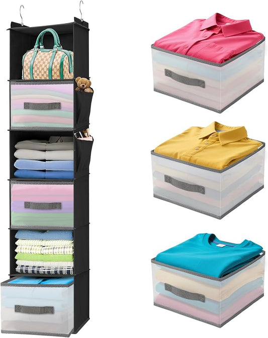 Hanging Closet Organizer, 6-Shelf w/ 3 Drawers & Pockets, Black | No tool installation required, made of non-woven fabric, suitable for all wardrobe storage, with strong load-bearing capacity