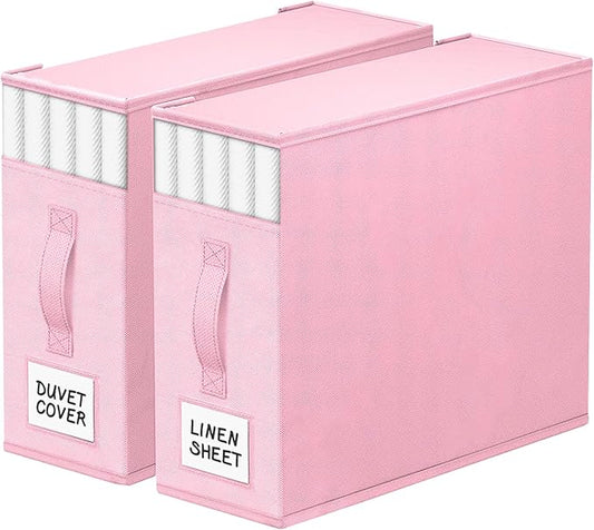 StorageTastic 2 Pack Bed Sheet Closet Organizers and Storage,Sturdy Foldable Storage Containers with Window and Label,Storage and Organization for Bedding Sheets,Duvet Covers,Blankets (Pink)