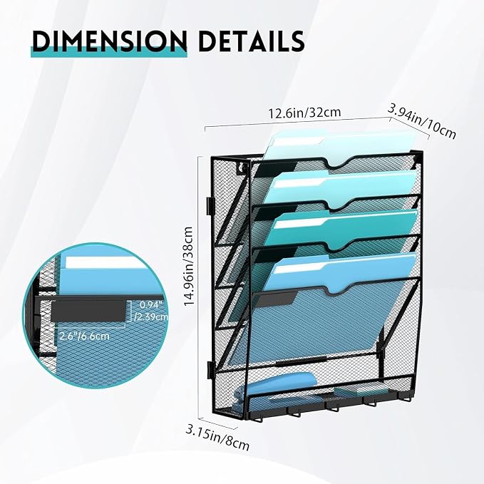2 Pack 5 Tier Wall File Organizer - Hanging File Organizer with 5 Hooks, Mail Holder Wall Mounted for Papers, Folders, Magazines, Bills, Office&School Organization, Black