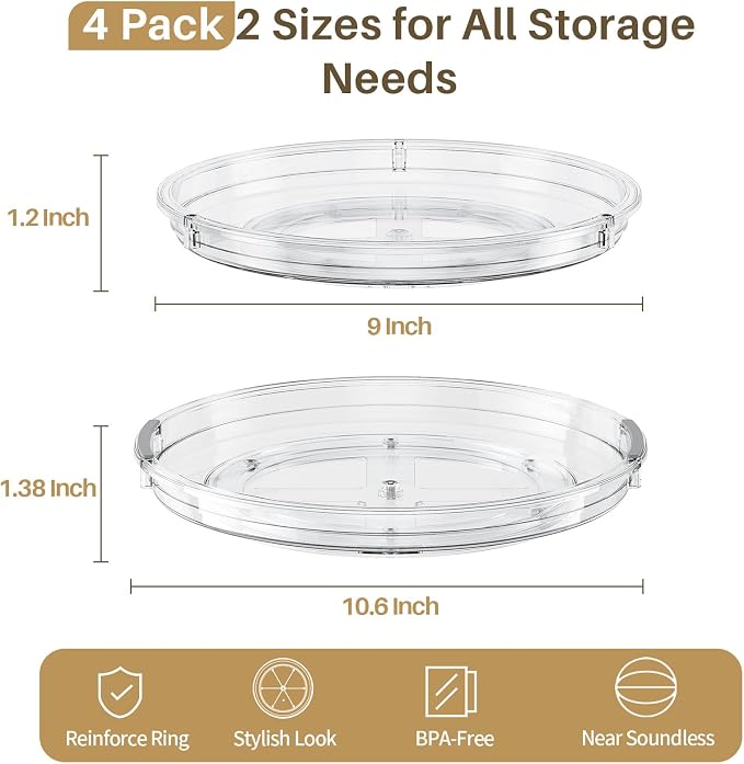 LAMU 4 Pack Lazy Susan Organizer Turntable for Cabinet, Pantry Organizers and Storage, Rotating Condiment Organizer for Kitchen, Table Top, Fridge, Countertop, Spice Organization, 10.6''x2, 9''x2
