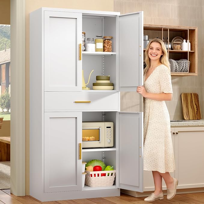 71”Tall Kitchen Pantry Cabinet, Metal Storage Cabinet with Doors and Shelves (White, 1 Drawer)