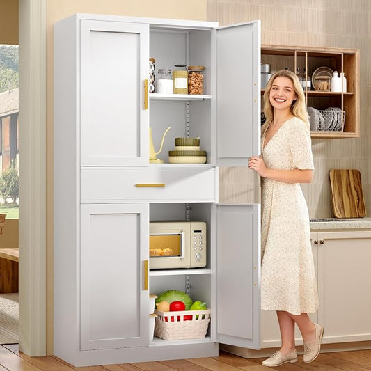 71”Tall Kitchen Pantry Cabinet, Metal Storage Cabinet with Doors and Shelves (White, 1 Drawer)