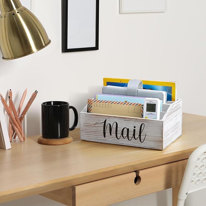 DRASTAR Mail Organizer Countertop, Mail Holder with 4 Slots, Mail Sorter Organizer for Desk, Envelope Holder for Home Office, Retro White