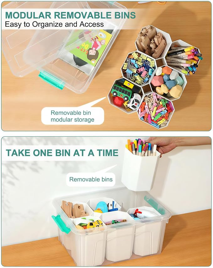 EOENVIVS Clear Storage Tote with 6 Tall Inserts, Large Plastic Organizer Box with Lid and Handles, 15.94x11.61x7.28 Inches, Multi-Functional Container for Cosmetics, Toys, School Supplies