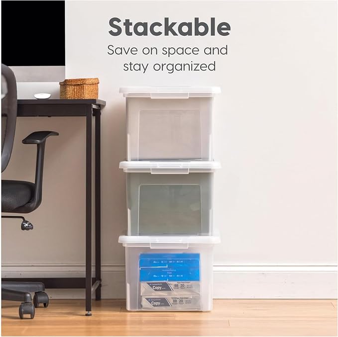 IRIS USA File Box, Plastic File Organizer with Lids for Letter/Legal File, Portable Document Box For Moving, Storage Bin with Durable and Secure Lid, Stackable Nestable BPA-Free, Clear 35 Qt. 8 Pack | Portable Moving Box, Stackable and Secure Storage, ...