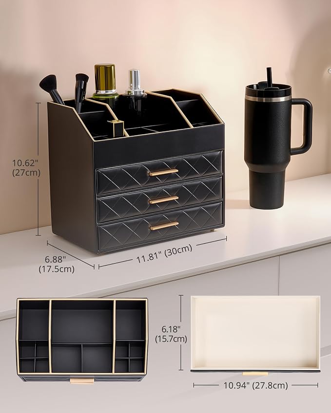 Lolalet 4-Layer PU Leather Makeup Organizer for Cosmetic Vanity -Black | Large Bedroom Dsek Countertop Cosmetic Organizer with Brush Holder, Skincare Storage for Lipsticks, Nail Polish, Perfume