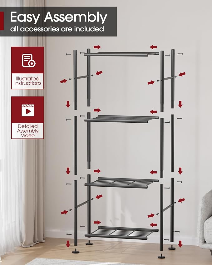Sakugi Storage Shelves - 4 Tier Shelf Organizer, Sturdy Metal Garage Shelving with Adjustable Leveling Feet, Space-Saving Shelves Organizer for Pantry, Laundry, Kitchen (18" x 12" x 44", Black)