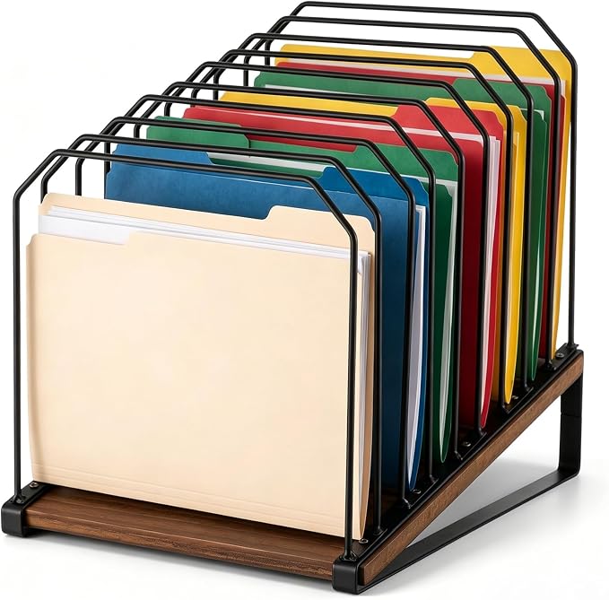 Novabright 1 Pack Inclined Desk File Organizer 9 Section Metal Vertical Folder Holder with Wooden Base Desktop Mail Sorter Step Magazine Document Paper Binder Holder for School Classroom Home Office