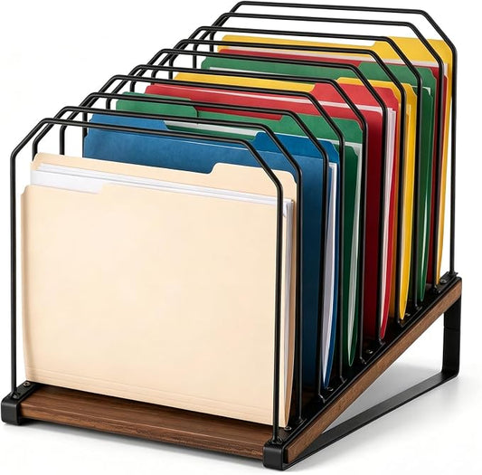 Novabright 1 Pack Inclined Desk File Organizer 9 Section Metal Vertical Folder Holder with Wooden Base Desktop Mail Sorter Step Magazine Document Paper Binder Holder for School Classroom Home Office