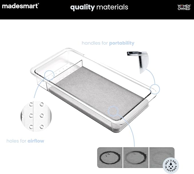madesmart Drying Stone Drawer Organizer, Clear | diatomite, fast drying surface, divided layout, toothpaste floss, dental items, bathroom counter, woman owned