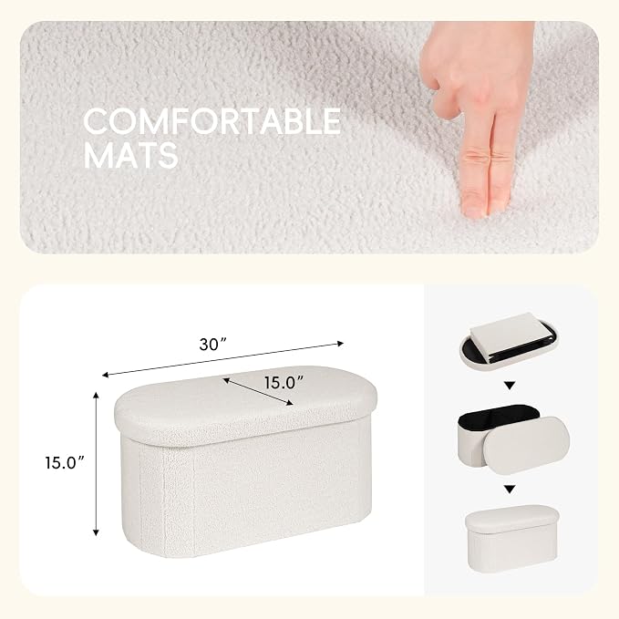 PINPLUS Storage Ottoman Bench Tufted Oval with Storage for Living Room Boulce Foot Rest, Velvet Foot Rest 30"x15"x15" White