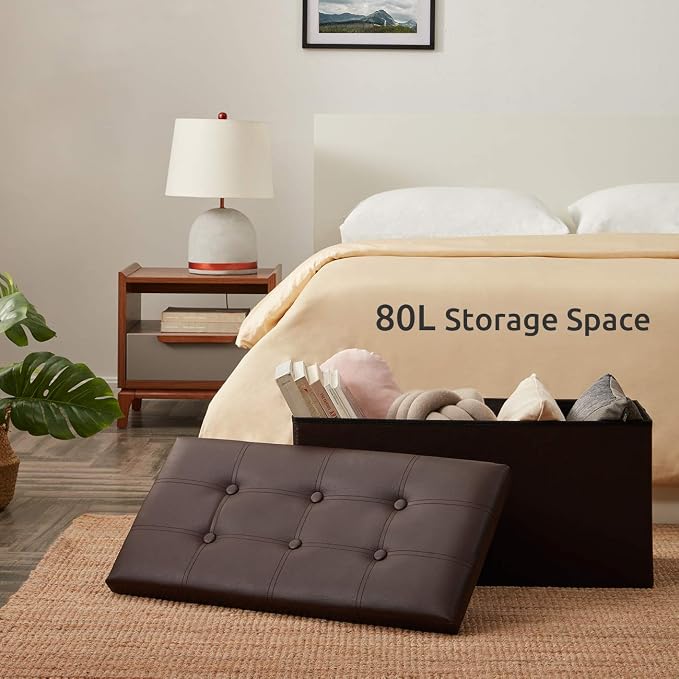 YOUDENOVA 30" Ottoman with Storage, Folding Faux Leather Bench, Brown | Foldable ottoman with hidden storage, padded faux leather seat for living room, bedroom and entryway.