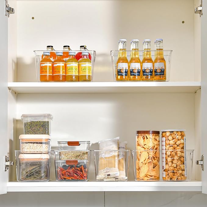 Freebat 12 Pack Pantry Organization and Storage,Clear Plastic Storage Bins | Middle, Cabinet Organizer, Clear Plastic Storage Containers with Handle,Acrylic Storage Bins for Cabinet, Fridge