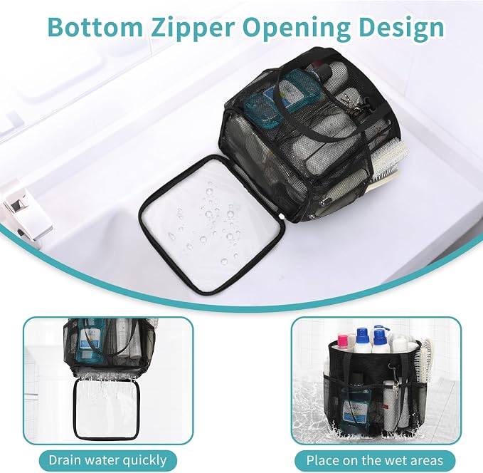Mesh Shower Caddy Portable for College Dorm Room Essentials, Shower Tote Bag with Hanging Hook and Drawstring, Quick Dry Toiletry Bag with 6 Pockets for Bathroom, Swimming, Gym, Camping, Beach, Travel