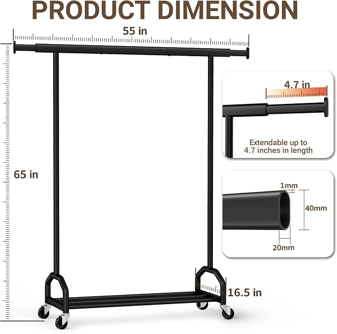 Heavy Duty Rolling Clothing Rack, 450 lbs Capacity Metal Clothes Rack with Wheels, 65" Tall Freestanding Hanging Rack for Bedroom, Laundry Room, Retail Display, Black