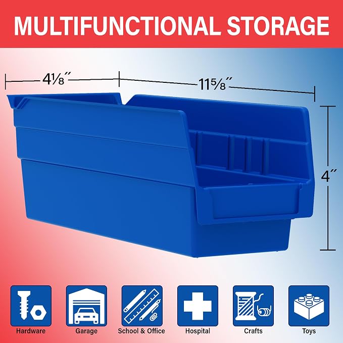 Akro-Mils 30120 Heavy Duty Plastic Shelf Bins, 12"x 4"x 4", Red, 24-Pack