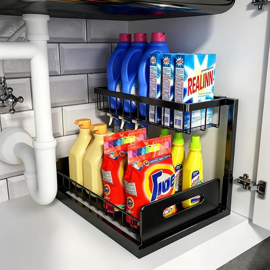 REALINN Under Sink Organizer, Pull Out Cabinet Organizer, 2 Tier Metal Slide Out Shelf with L Shaped Design for Kitchen, Bathroom, Laundry, and Utility Cabinet Storage for Deep Cabinets, Black, 1 Pack