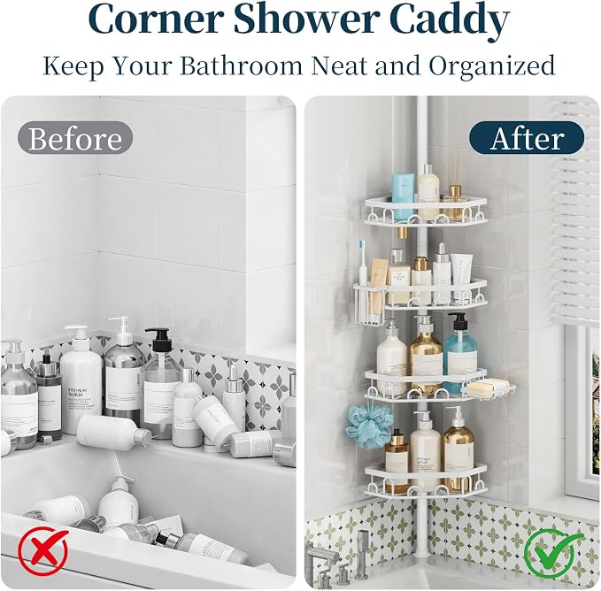 Consumest Shower Caddy Tension Pole - 4 Tier Corner Shower Shelves with Brush & Soap Holder, 304 Stainless Steel Rustproof Adjustable Organizer Rack for Bathtub, Bathroom, 27.6-108.3 Inch, White