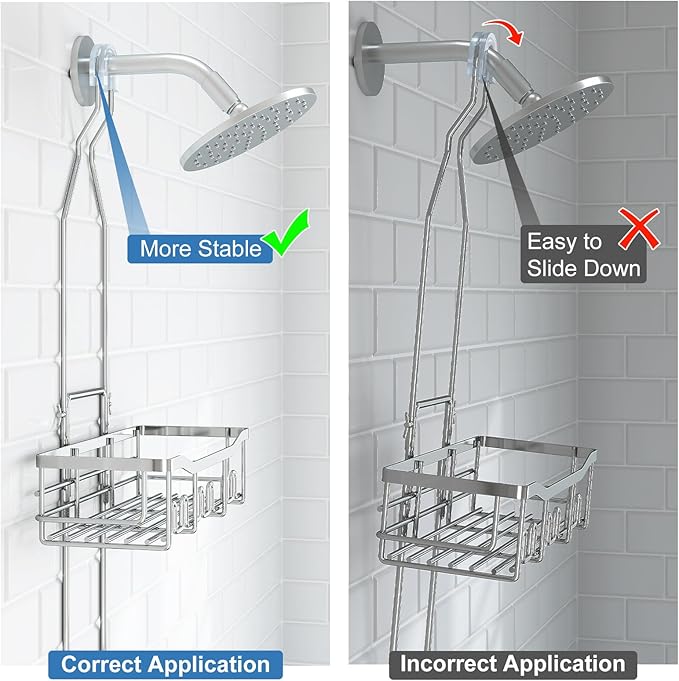 Upgraded Extended Length Shower Organizer with Hooks, Rustproof Shampoo Soap Holder, Large Hanging Bathroom Caddy, Silver