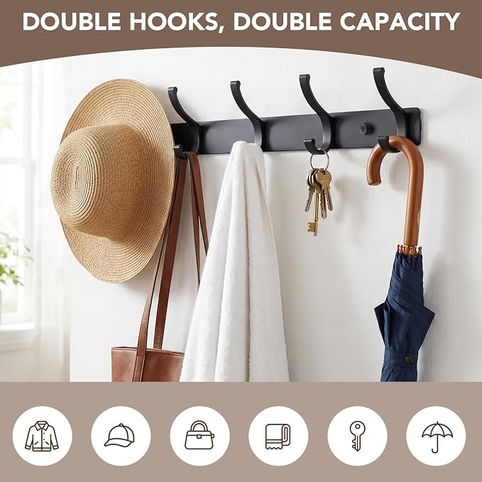 Wall Mount Coat Rack 2 Pack, Black Coat Hooks Hanger with 5 Double Hooks | Zinc Alloy, Smooth Hook Edges, Screw Installation, Double Hooks，Greater Storage Space for Hanging Robes, Clothes, Bags, Hat