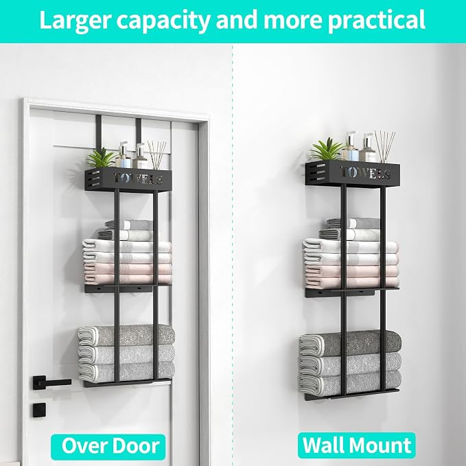 Bethom 3 Tier Over The Door Towel Rack, Hanging Towel Rack, Matte Black | Bathroom Towel Holder with Shelf, Over Door & Wall Mount Design, Ideal for Small Bathrooms, Sturdy Rust-proof Stainless Steel