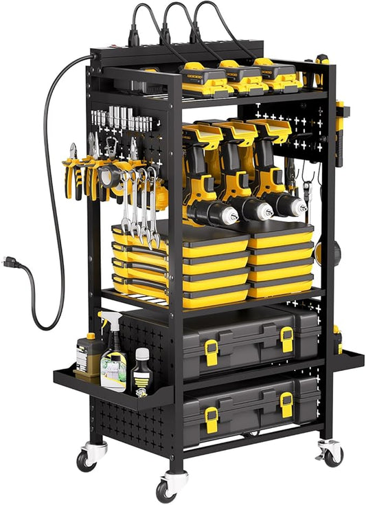 VEVOR 5-Tier Tool Organizer Cart with Charging Station, 8 AC Outlet, Floor Stand Rolling Drill Holder and Tool Battery Storage Rack on Wheels, Garage Floor Rolling Storage Cart for Workshop, Garage